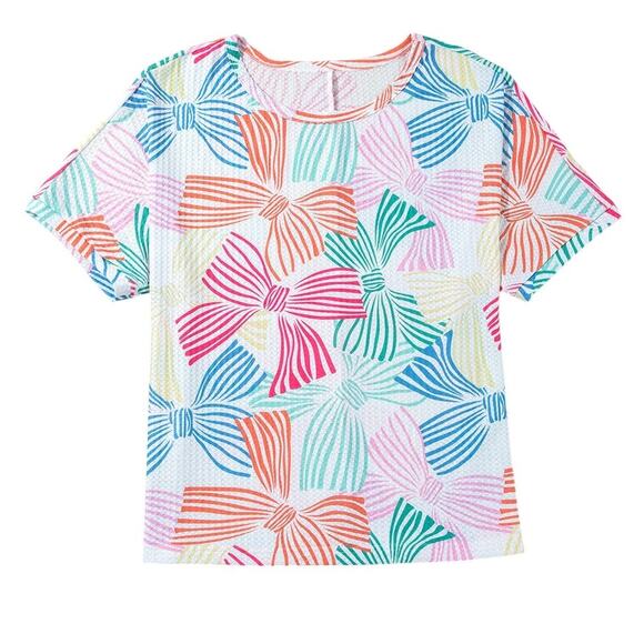 Multicolor Bowknot Printed Waffle Crew Neck Short  Sleeve Top New  M, L, XL - Picture 2 of 10